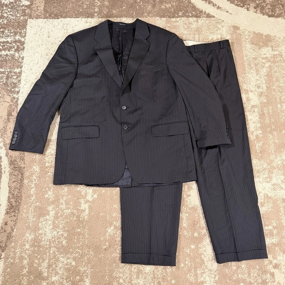 Vtg Chaps Ralph Lauren Suit Mens Wool Cashmere Stripe Black 46R 40x30 Classic